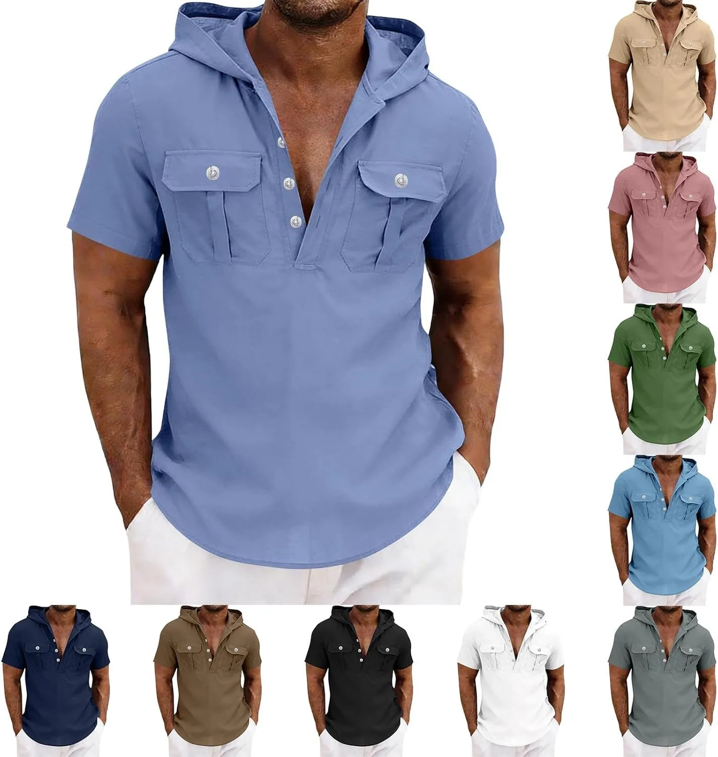 

Мужская футболка с капюшоном и застежкой на четверть пуговиц