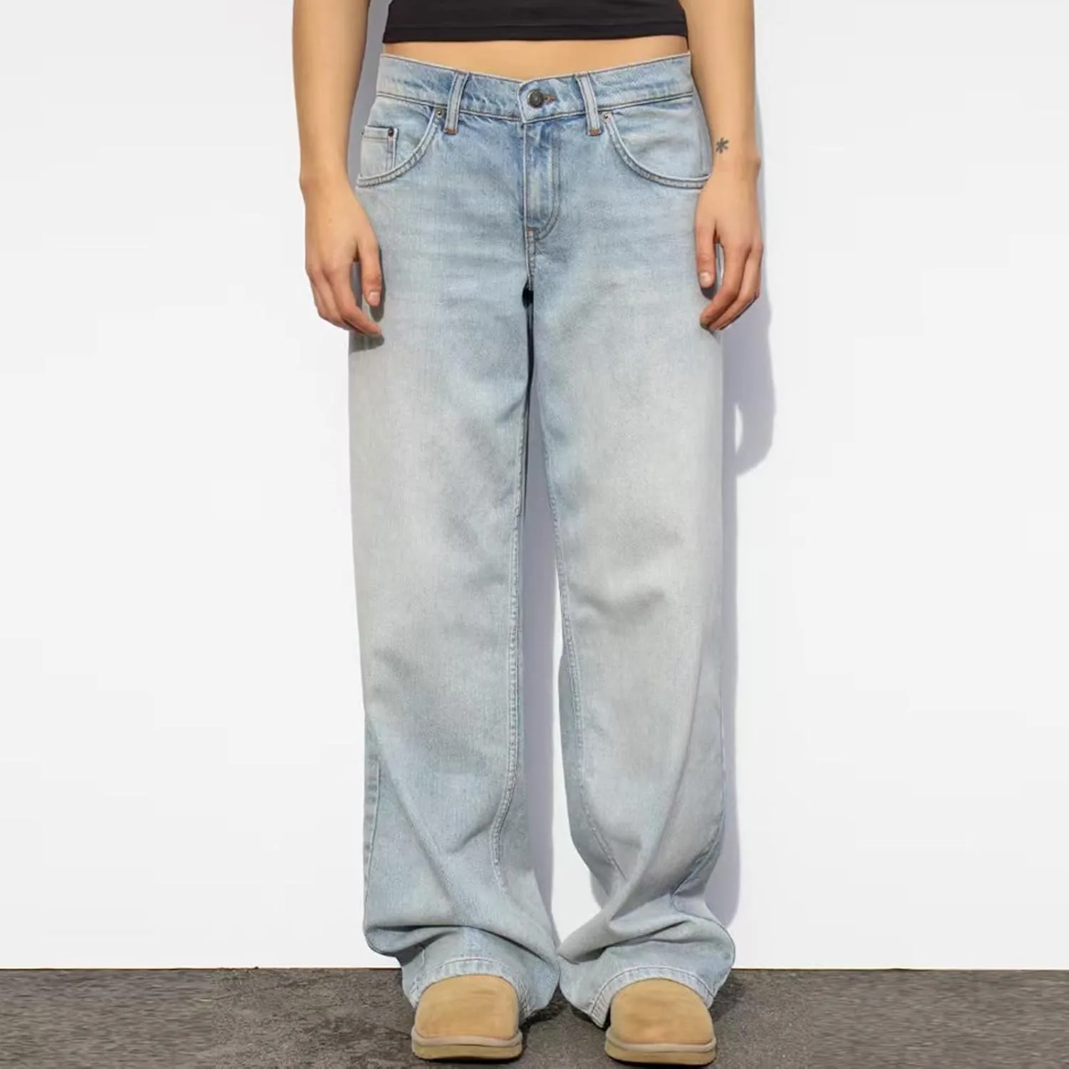 

Akklian женские джинсы в стиле Y2k, mid-rise, baggy, loose fit, ретро, washed, straight, wide leg, casual, stretch, long denim