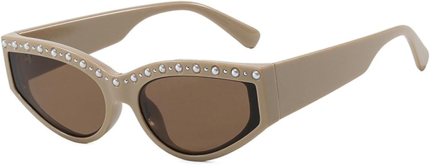 

Модные солнцезащитные очки «кошачий глаз» с бриллиантами для женщин, ретро-стиль, прозрачные линзы цвета океана, защита от УФ-излучения UV400, мужские очки с заклепками TVTBBVV, Coffee Tea