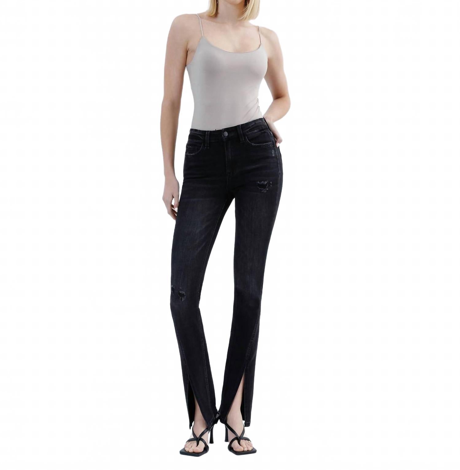 

FLYING MONKEY Джинсы с высокой посадкой, косым разрезом, узким кроем, расклешенные, черные