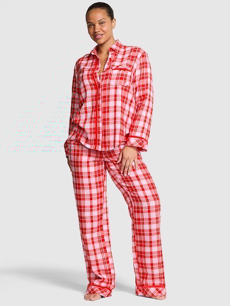 

Длинный пижамный комплект из фланели Pink, new bright vermillion/pink lollipop plaid