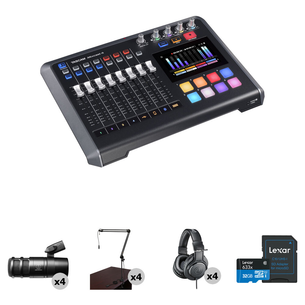 

Комплект TASCAM Mixcast для подкастов на 4 человека с микшером-рекордером, микрофонами, штангами и наушниками