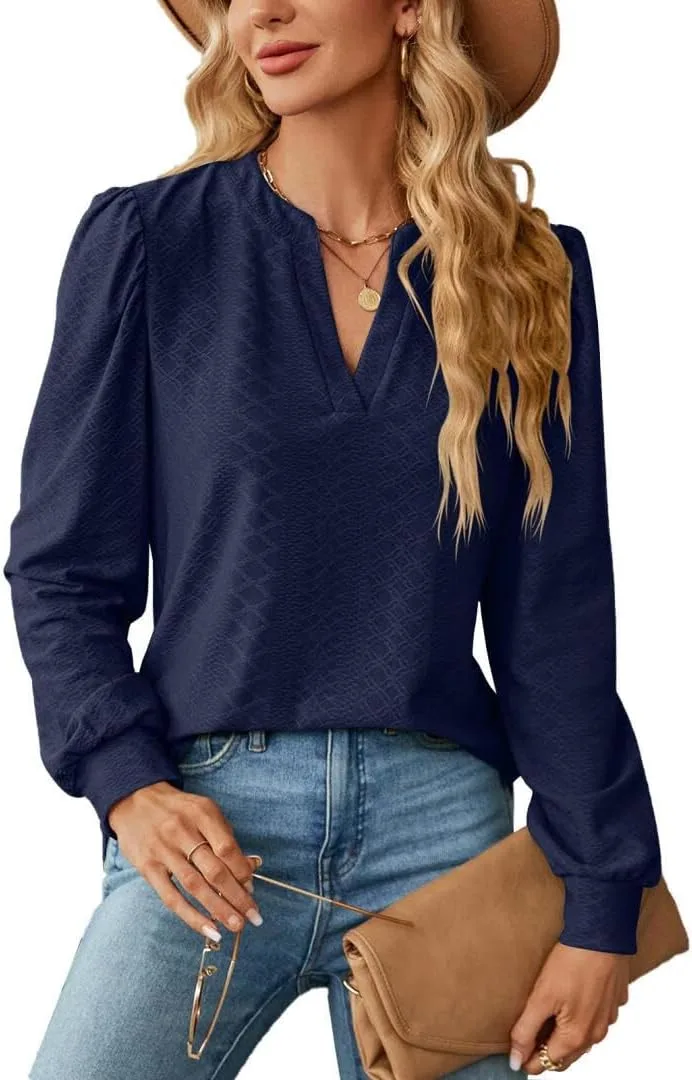 

FMCHICO Женская блузка с длинным рукавом и V-образным вырезом