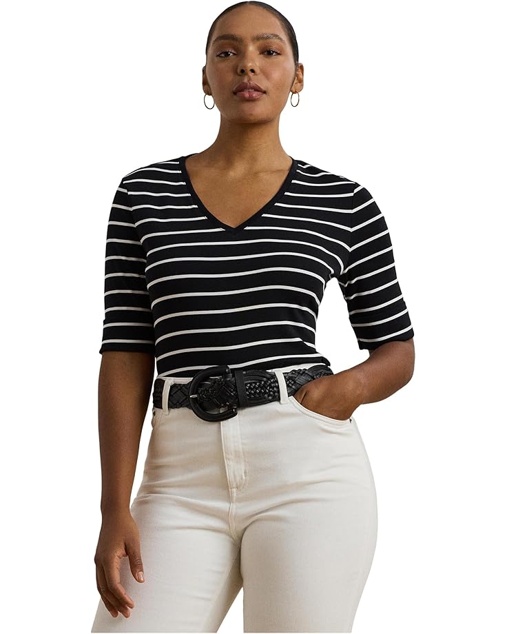 

Футболка Lauren Ralph Lauren Plus Size Striped Cotton Elbow-sleeve V-neck Tee, черный/белый