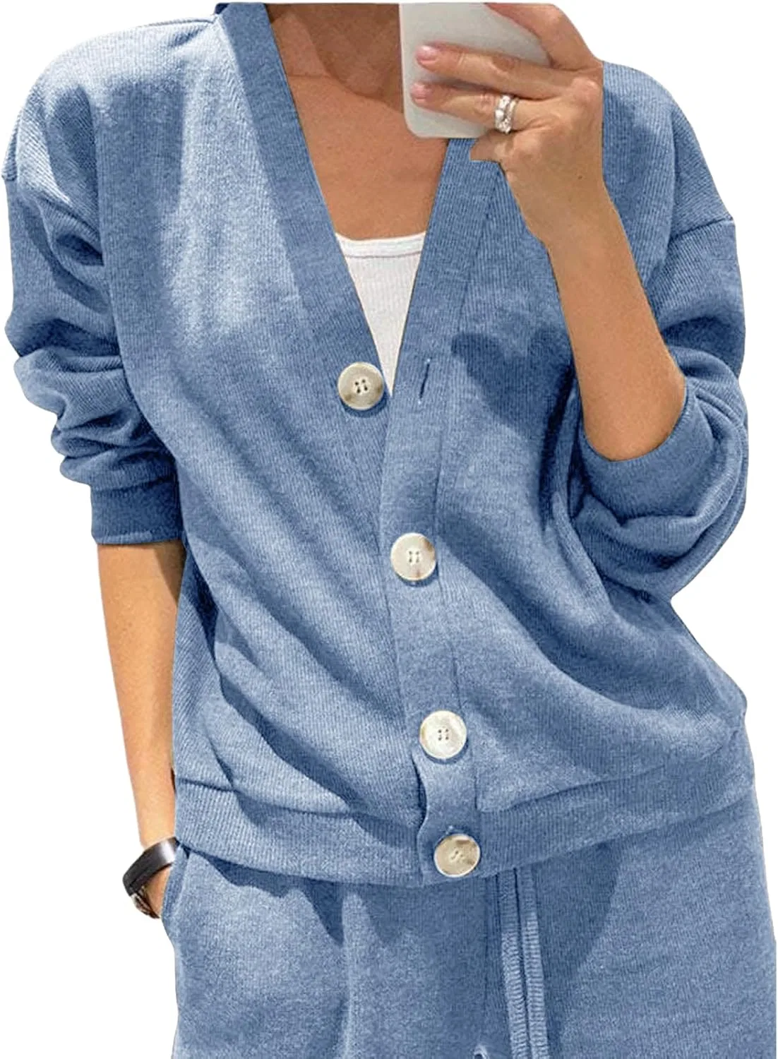 Женский костюм из двух предметов с кардиганом на пуговицах и широкими брюками, Generic, синий — фото 2