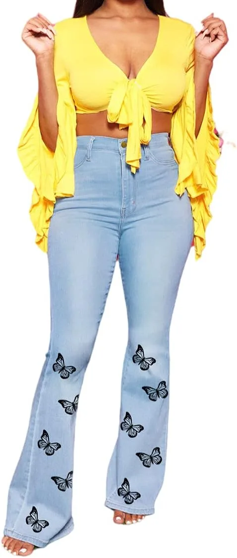 

Женские джинсы-клеш с принтом и высокой талией LDNINE