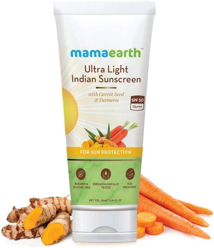 Солнцезащитный лосьон для лица SPF 50 PA+++ Mamaearth с куркумой и маслом моркови, 80 мл