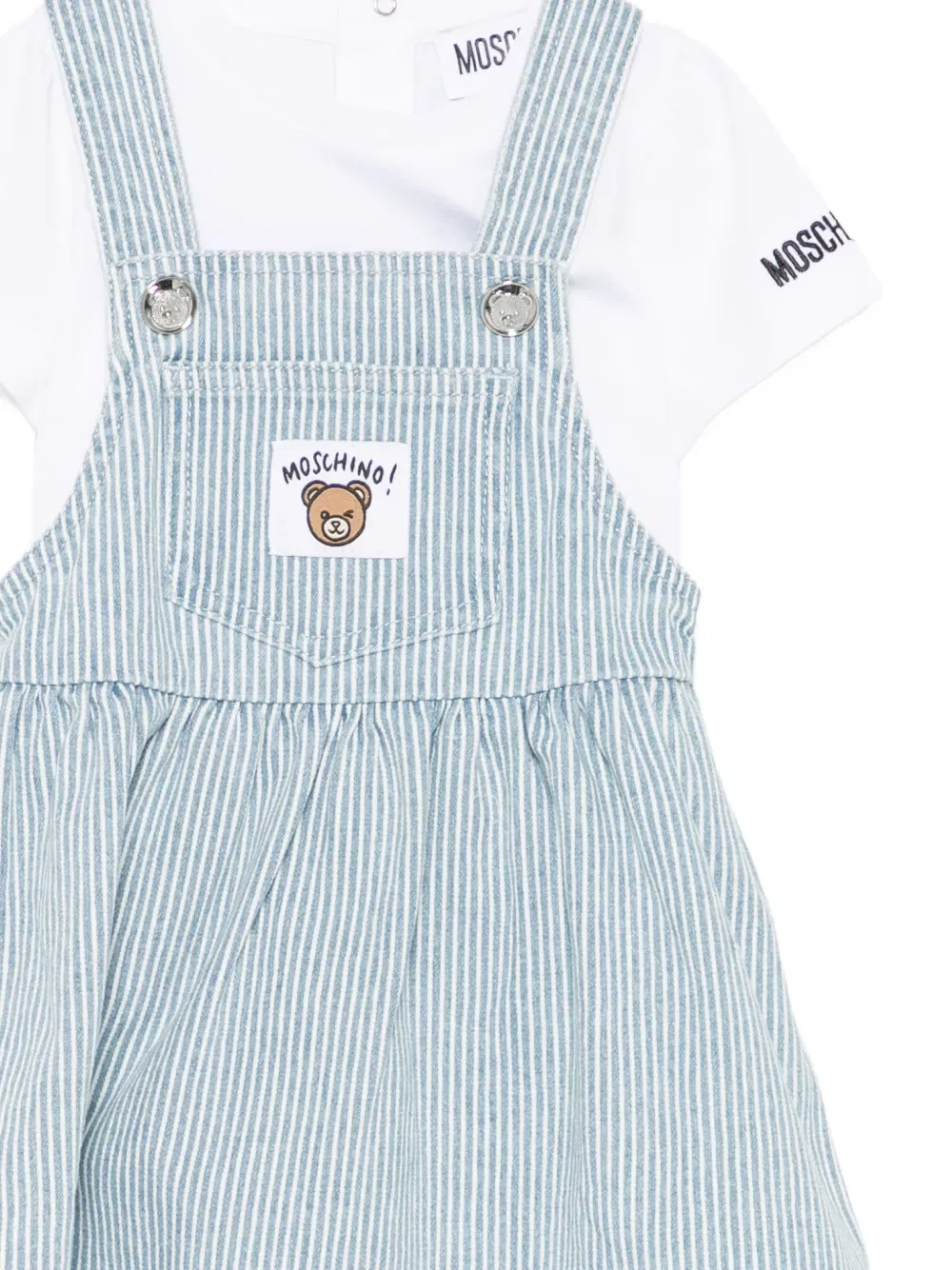 Полосатое платье с вышитым логотипом Moschino Kids, синий — фото 3