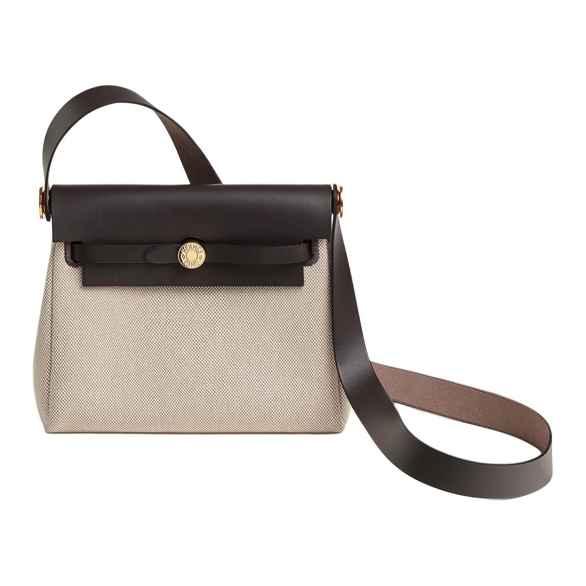 

HERMES Холщовая кожаная сумка кроссбоди через плечо миниатюрная женская в светло-бежевом бежевом и эбеновом цветах