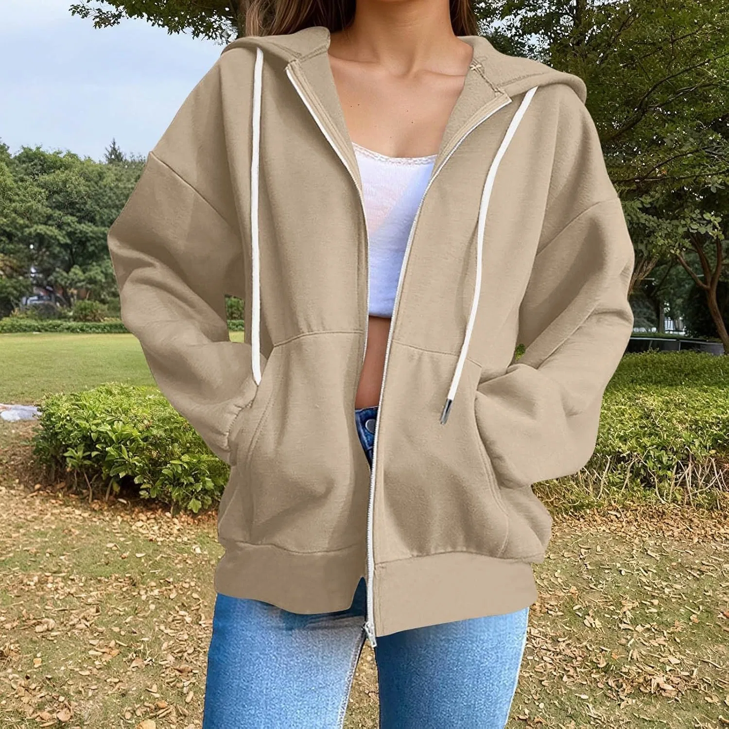 Женская толстовка оверсайз с капюшоном на молнии, Generic, Beige 2 — фото 3