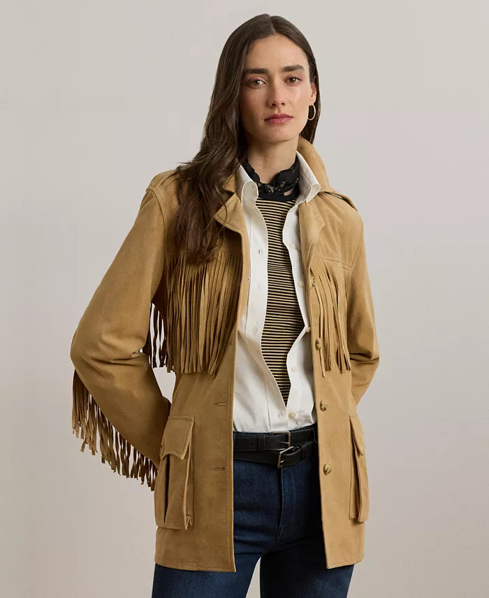 

Женская куртка из козьей замши с бахромой и поясом Lauren Ralph Lauren, коричневый/бежевый