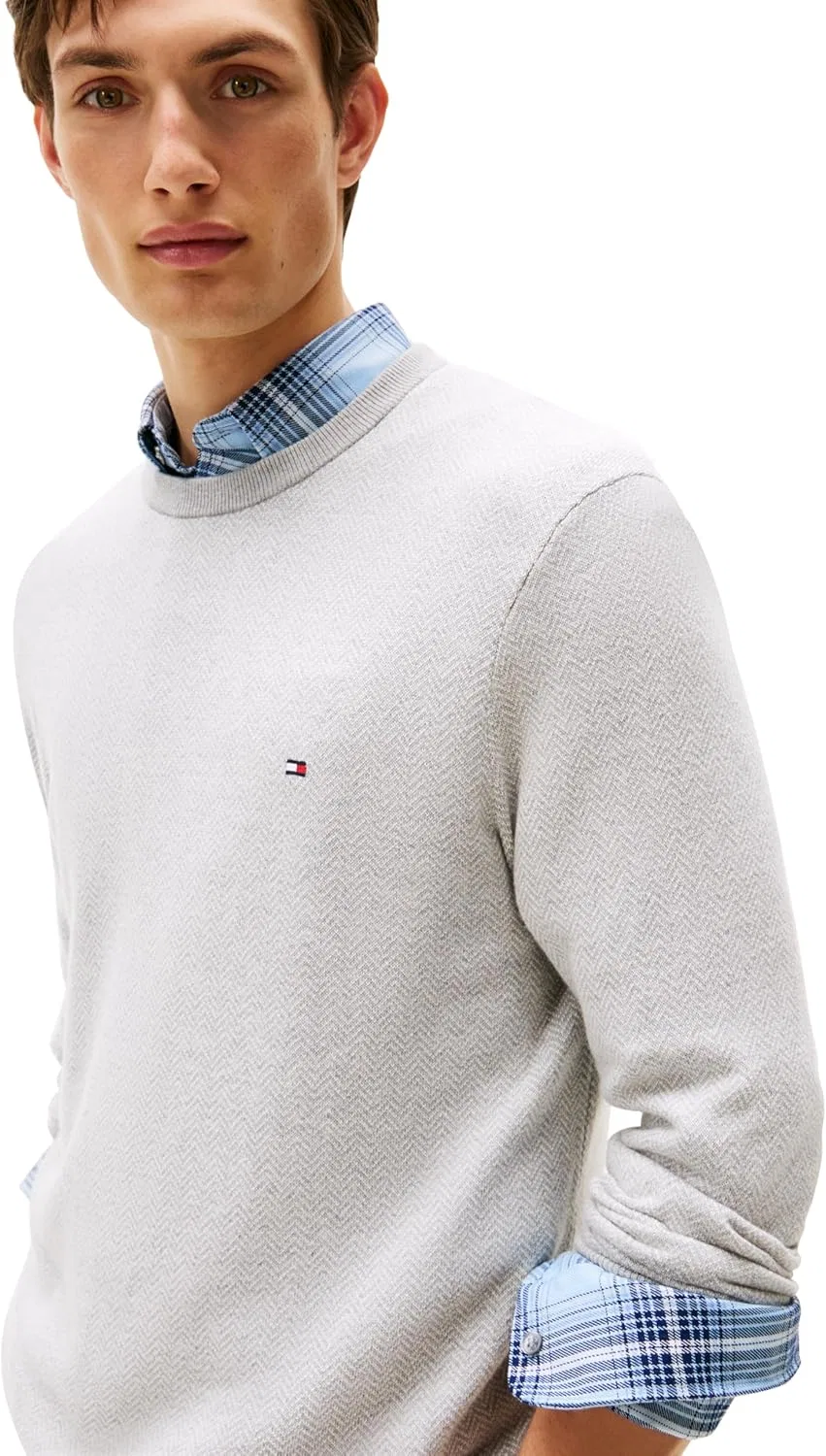 Свитер Tommy Hilfiger мужской из хлопка и кашемира с узором "елочка", светло-серый/слоновая кость — фото 2
