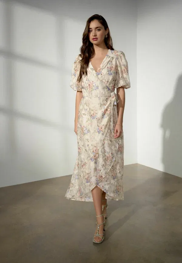 Платье Regular fit puff short sleeve wrap midi dress . maxi dress Next, розовая цветочная вышивка