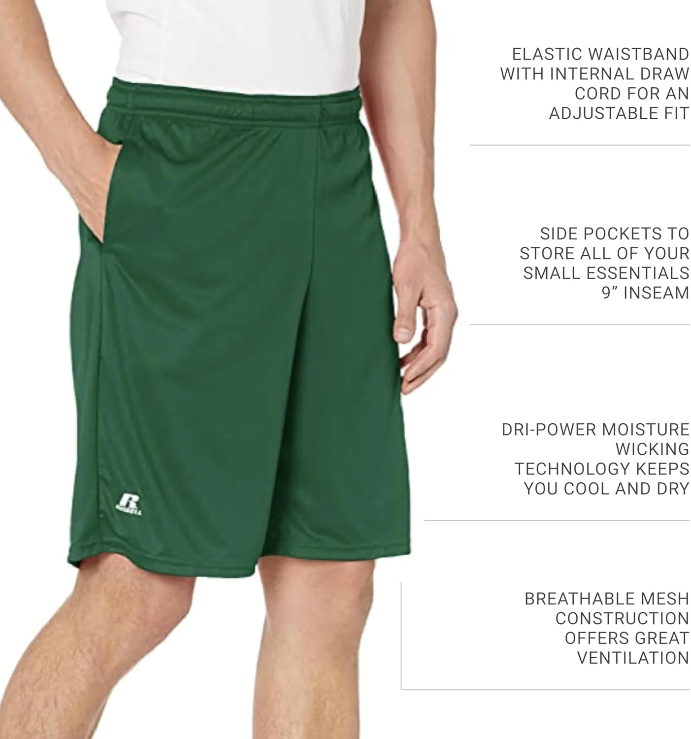 Мужские спортивные шорты Russell Athletics Dri Power Essential с карманом - одежда для тренировок и спортзала, темно-зеленый — фото 4