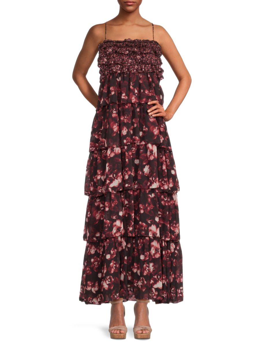 

Многоярусное платье макси с цветочным принтом Helena Cami NYC, цвет Red Multi