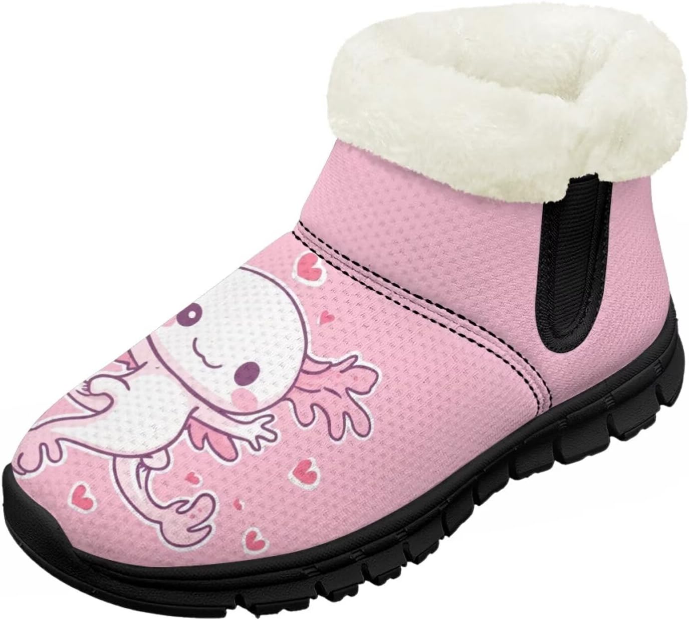 

Детские зимние ботинки для девочек с меховой подкладкой, с короткой подошвой, противоскользящие, легкие уличные теплые ботинки для малышей Pointodoor, Axolotl Love-Pink Print