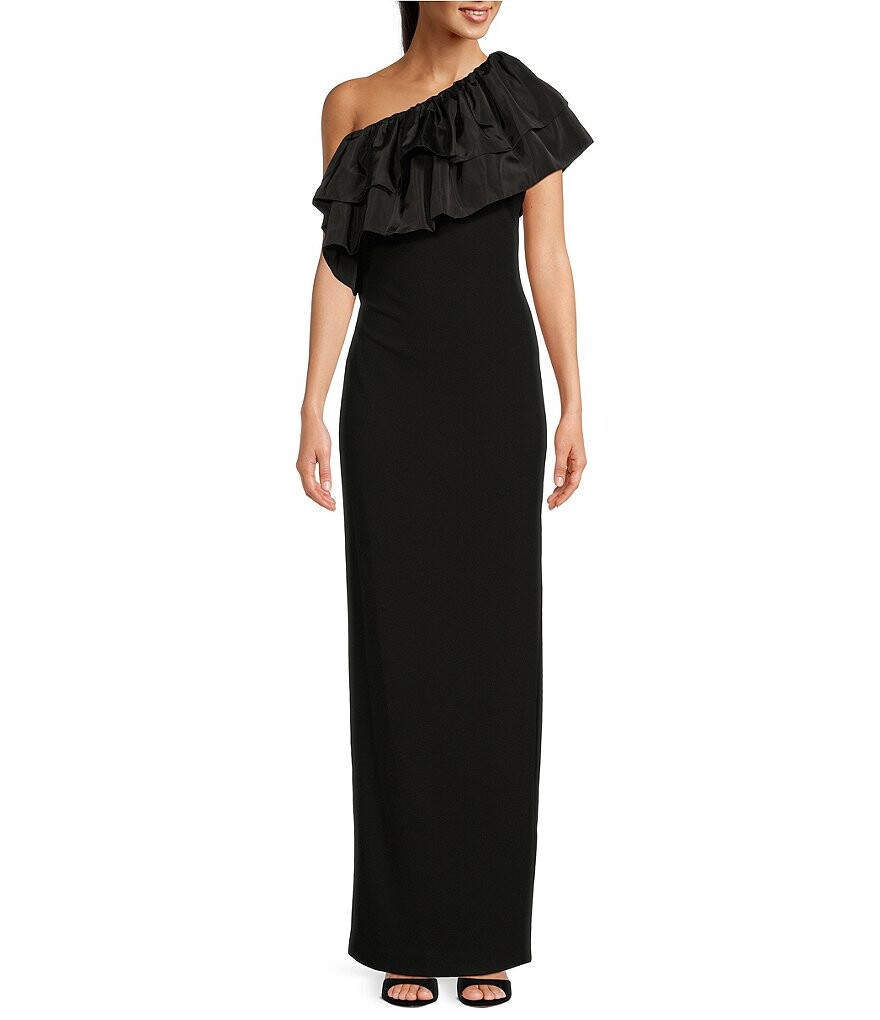 

Черное коктейльное платье на одно плечо с рюшами Belle Badgley Mischka Laura, черный