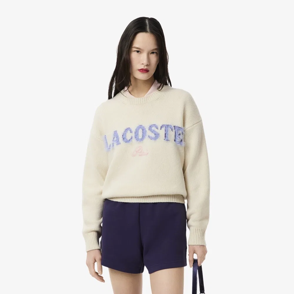 Свитер Lacoste женский пушистый с надписью, кремовый