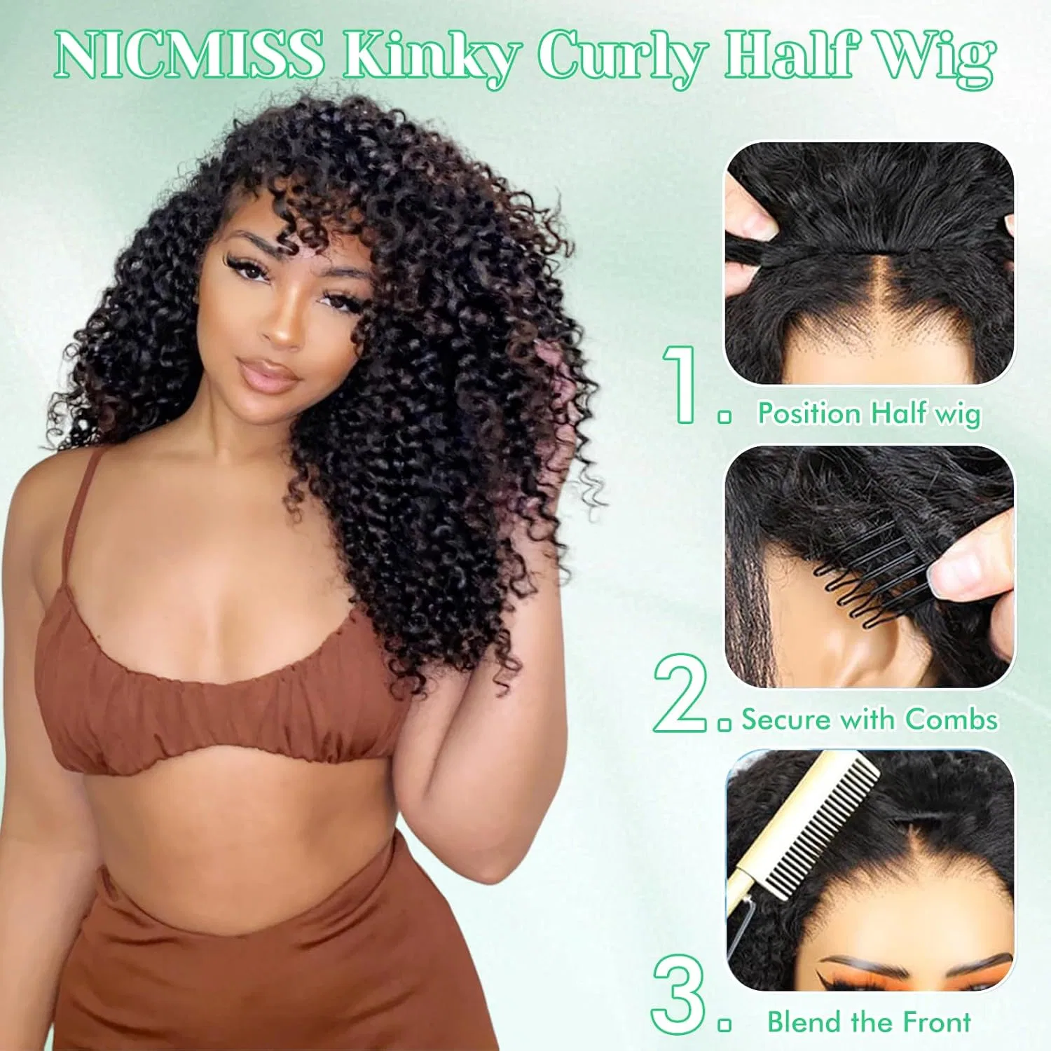 Женский парик из натуральных волос «Kinky Curly Half Wig» 3-в-1 Nicmiss, Kinky Curly Half Wig-1B — фото 4