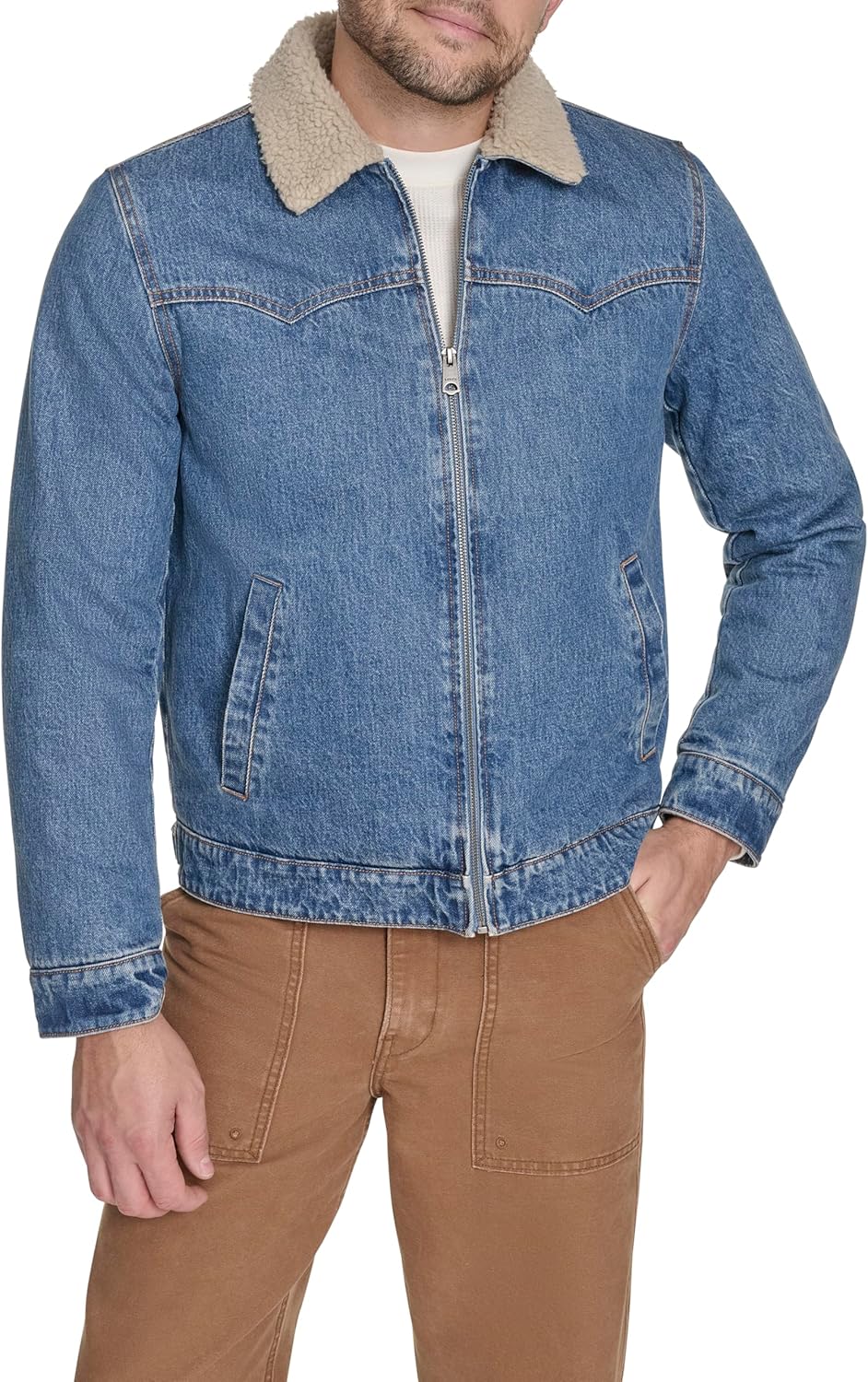 

Мужская джинсовая куртка Levi's в стиле вестерн с воротником на подкладке из шерпы, Medium Wash Denim