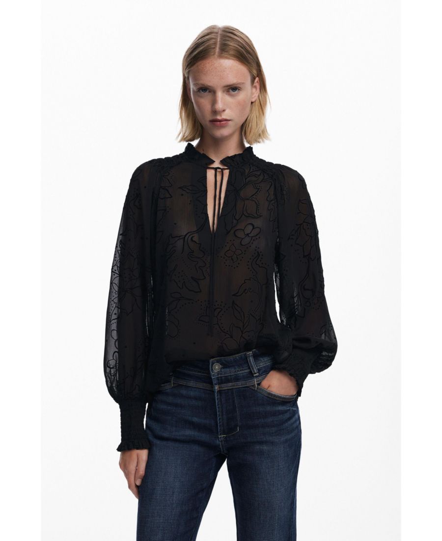

Женская прозрачная блузка с бархатным покрытием Desigual, Black