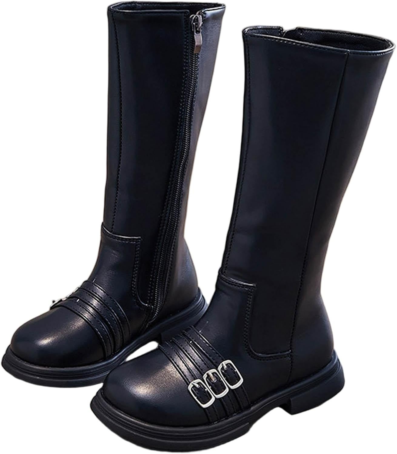 

Детские сапоги до колена для девочек с молнией, удобные, с массивным невысоким каблуком, с модной пряжкой, повседневные высокие ботинки для детей 4-11 лет Generic, Black