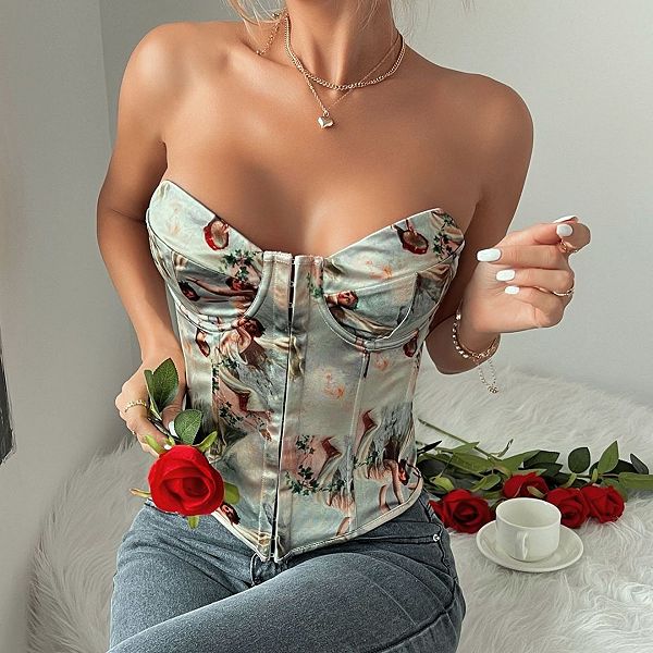

Женский корсет-бюстье с цветочным принтом, без бретелек, на косточках, с регулируемой шнуровкой сзади Yesfashion, Khaki