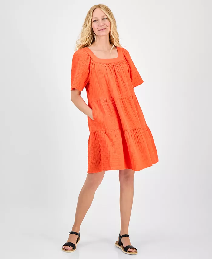 

Женское хлопковое платье с квадратным вырезом и ярусами Style & Co, оранжевый