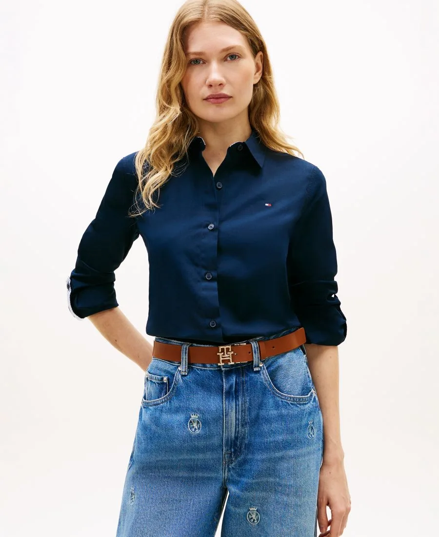 Классическая женская рубашка с длинными рукавами из поплина с отворотом Tommy Hilfiger, темно-night темно-синий