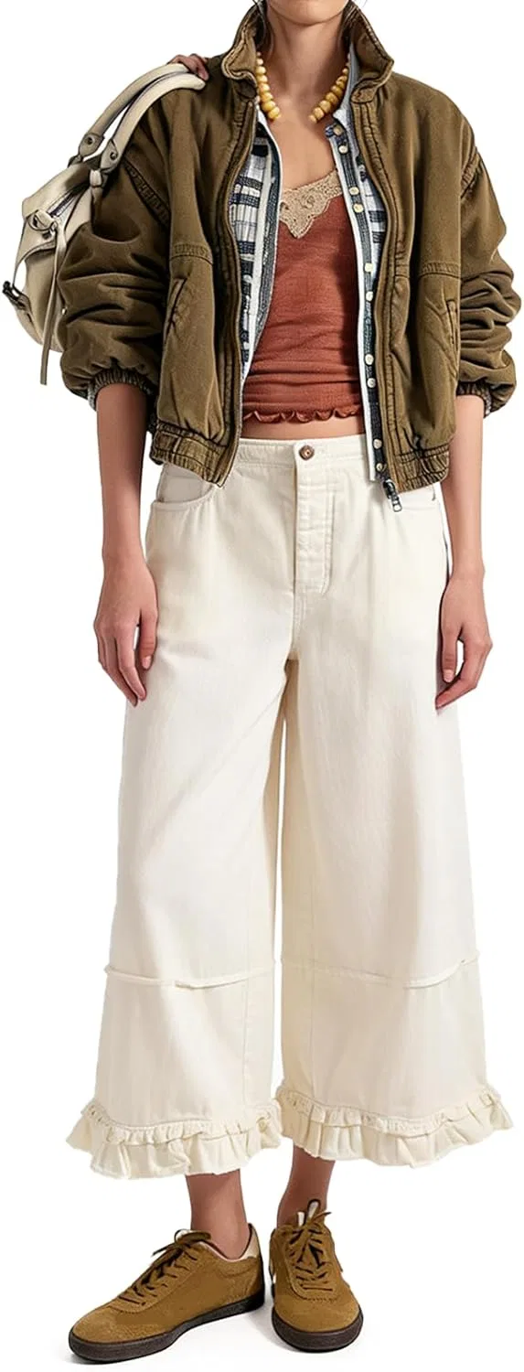 Джинсы с оборками, Wide Leg, Белый