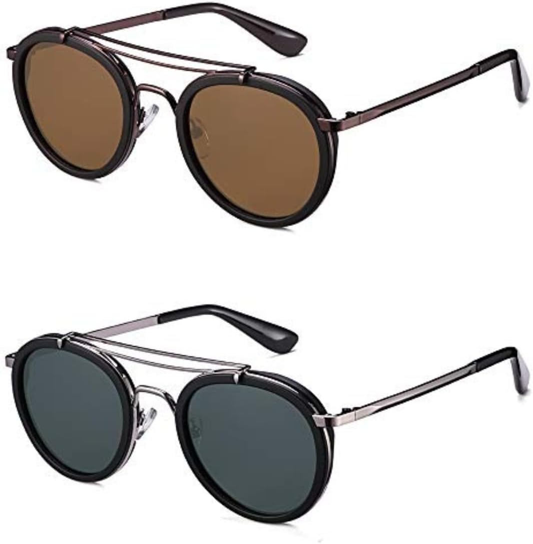 

Классические поляризованные солнцезащитные очки в стиле ретро с двойной перемычкой, круглые, в металлической оправе, для активного отдыха и вождения, с защитой от УФ-излучения UV400, для мужчин и женщин UQKY, Brown/Black