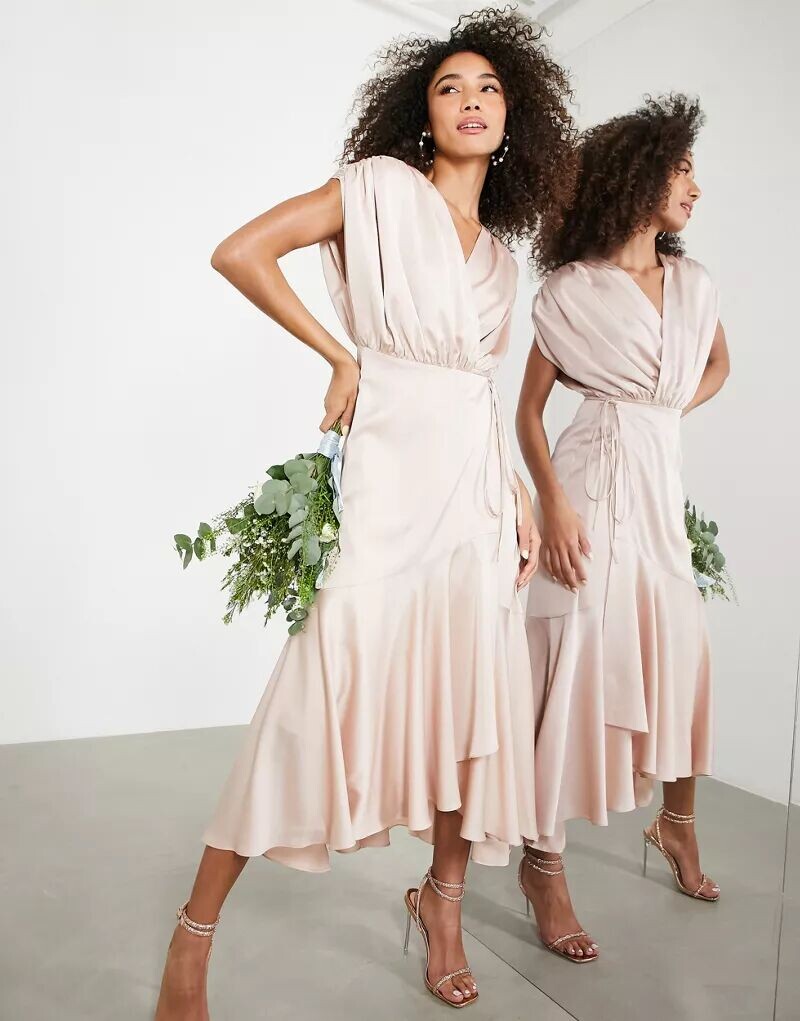 

Атласное платье миди с запахом и рюшами ASOS Bridesmaid, Серый, Атласное платье миди с запахом и рюшами ASOS Bridesmaid