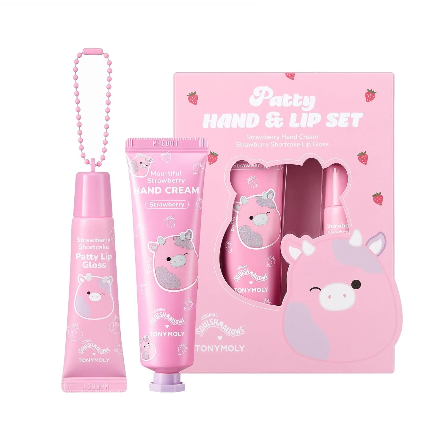 TONYMOLY x Squishmallows Patty the Cow набор из 2 средств для ухода - крем для рук Strawberry и блеск для губ Strawberry Shortcake