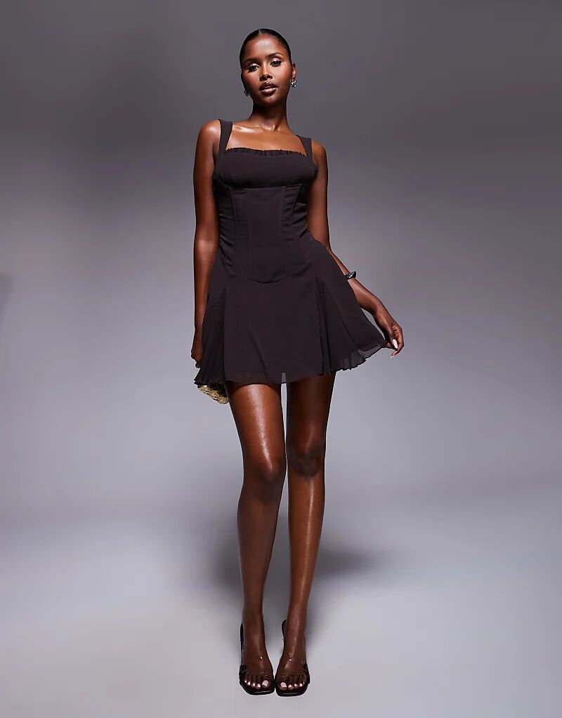 

Эксклюзивное мини-платье Murci с шифоновым корсетом и плиссированным подолом шоколадного цвета