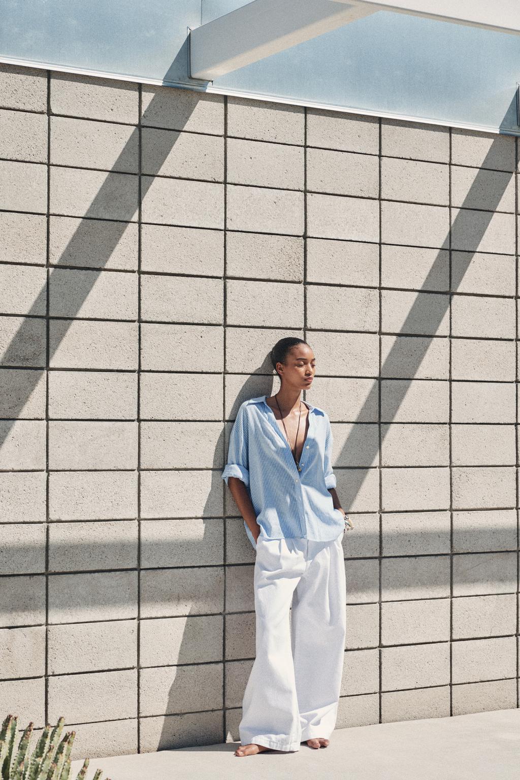 

Рубашка из льняной смеси в полоску ZARA, цвет Blue/White