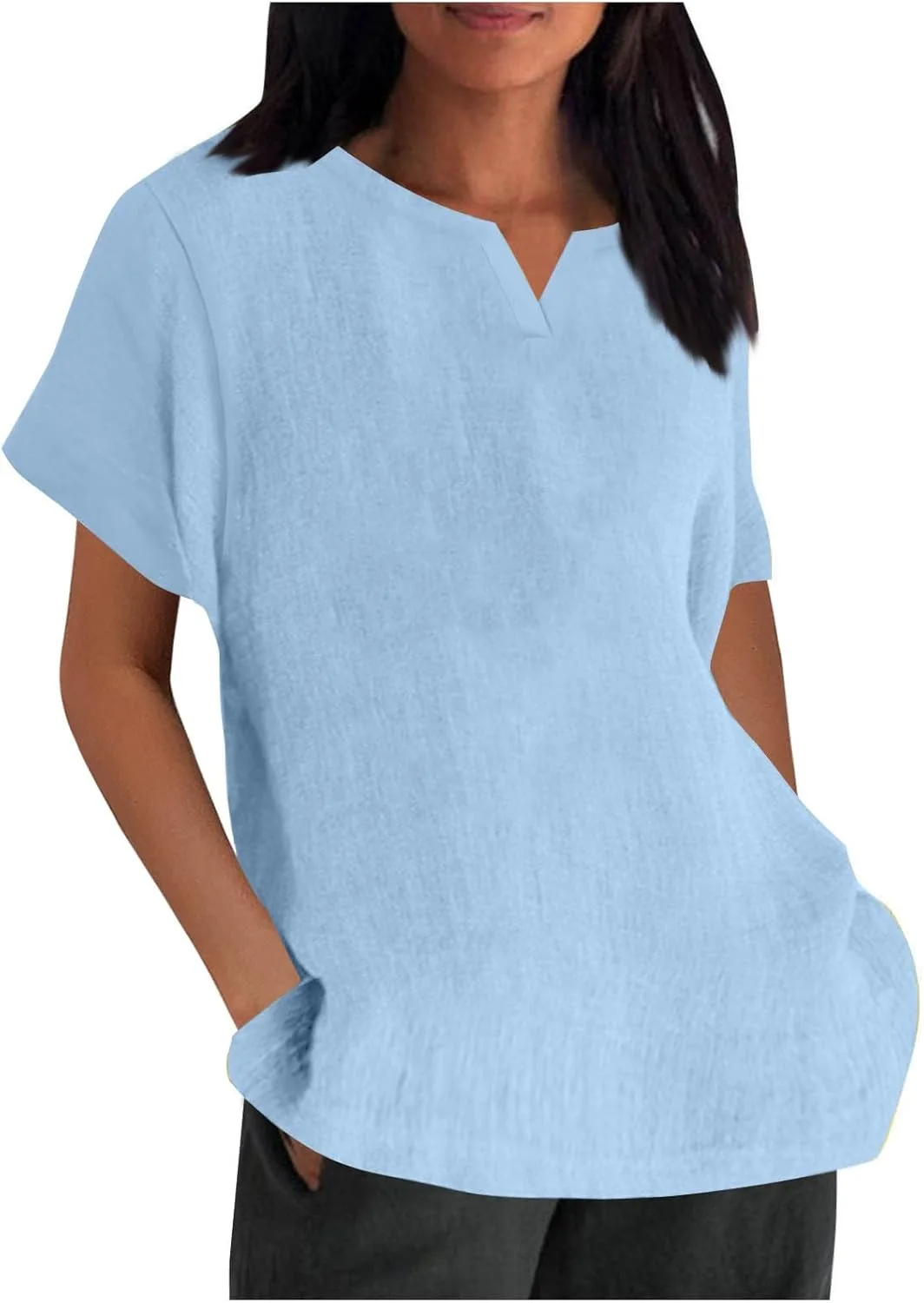 

Женская футболка с V-образным вырезом и коротким рукавом из дышащего льна AKTCVVJ