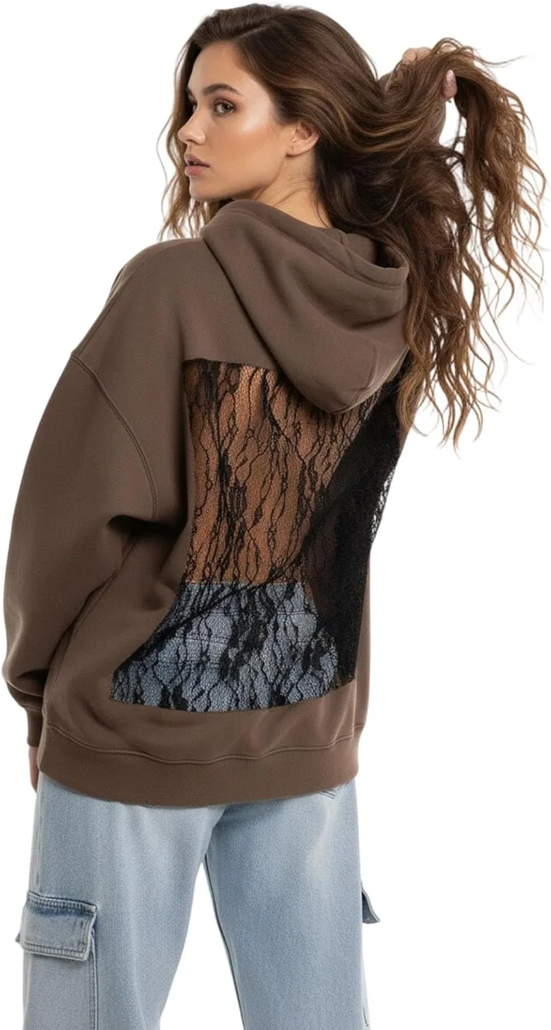 Худи с вырезом на спине, женское, оверсайз, Lace Brown
