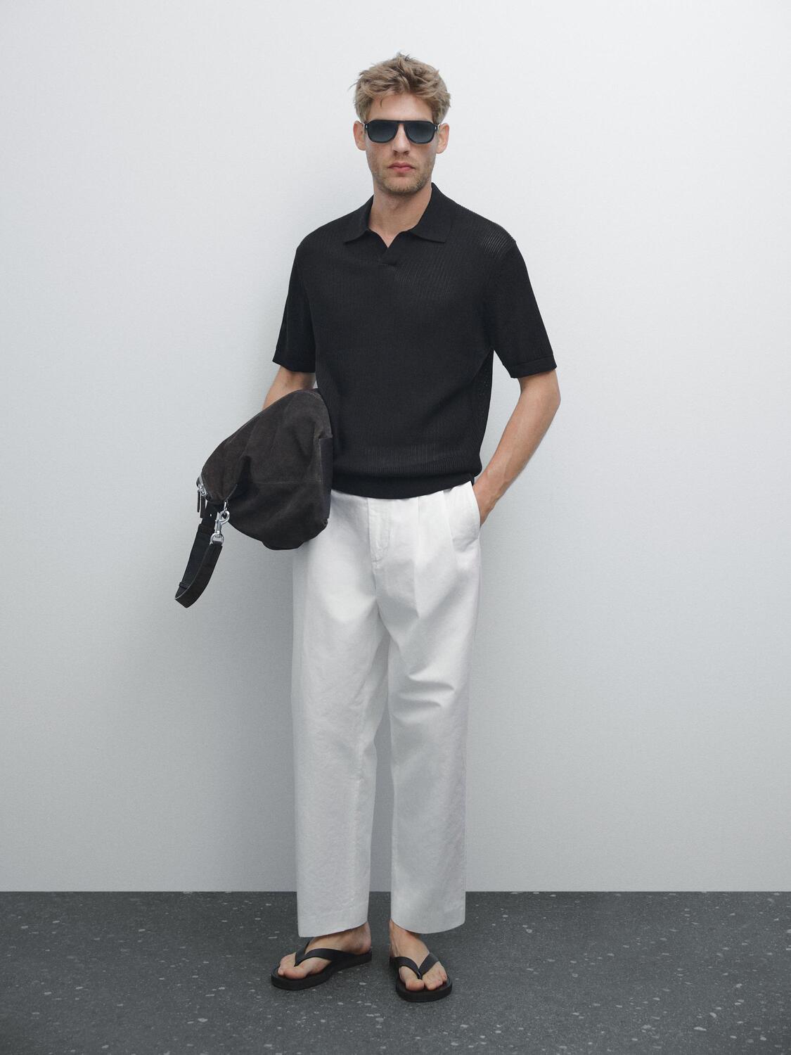 

Рубашка-Поло с V-образным вырезом и ажурной отделкой Massimo Dutti, черный