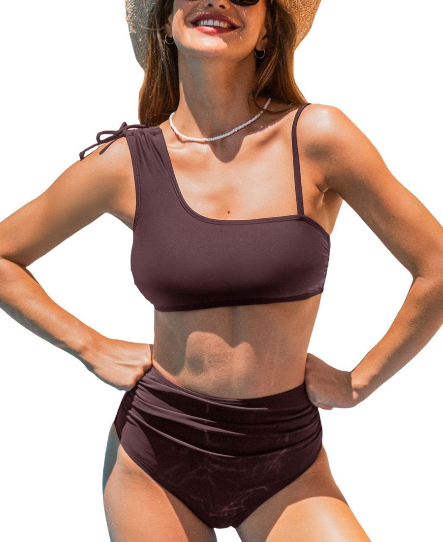 

Женский бикини-комплект с асимметричным вырезом, завязками и сборками Cupshe, Brown