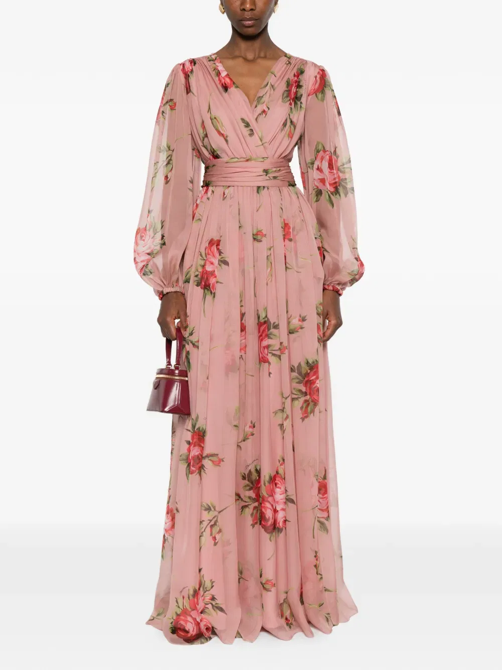 Длинное платье с цветочным принтом и V-образным вырезом Dolce & Gabbana, розовый — фото 2