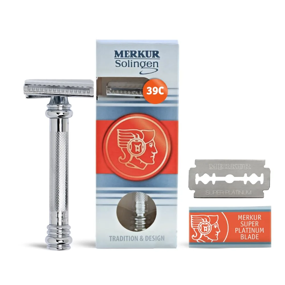 Безопасная бритва MERKUR 39C с двойным лезвием, наклонная конструкция, длинная ручка, произведено в Германии, без пластика, двухкомпонентная конструкция., Chrome
