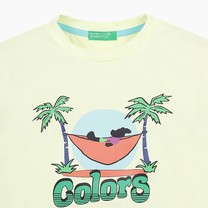 Детская жёлтая футболка с графическим принтом "Палм-Бич" от Benetton Kids — фото 3