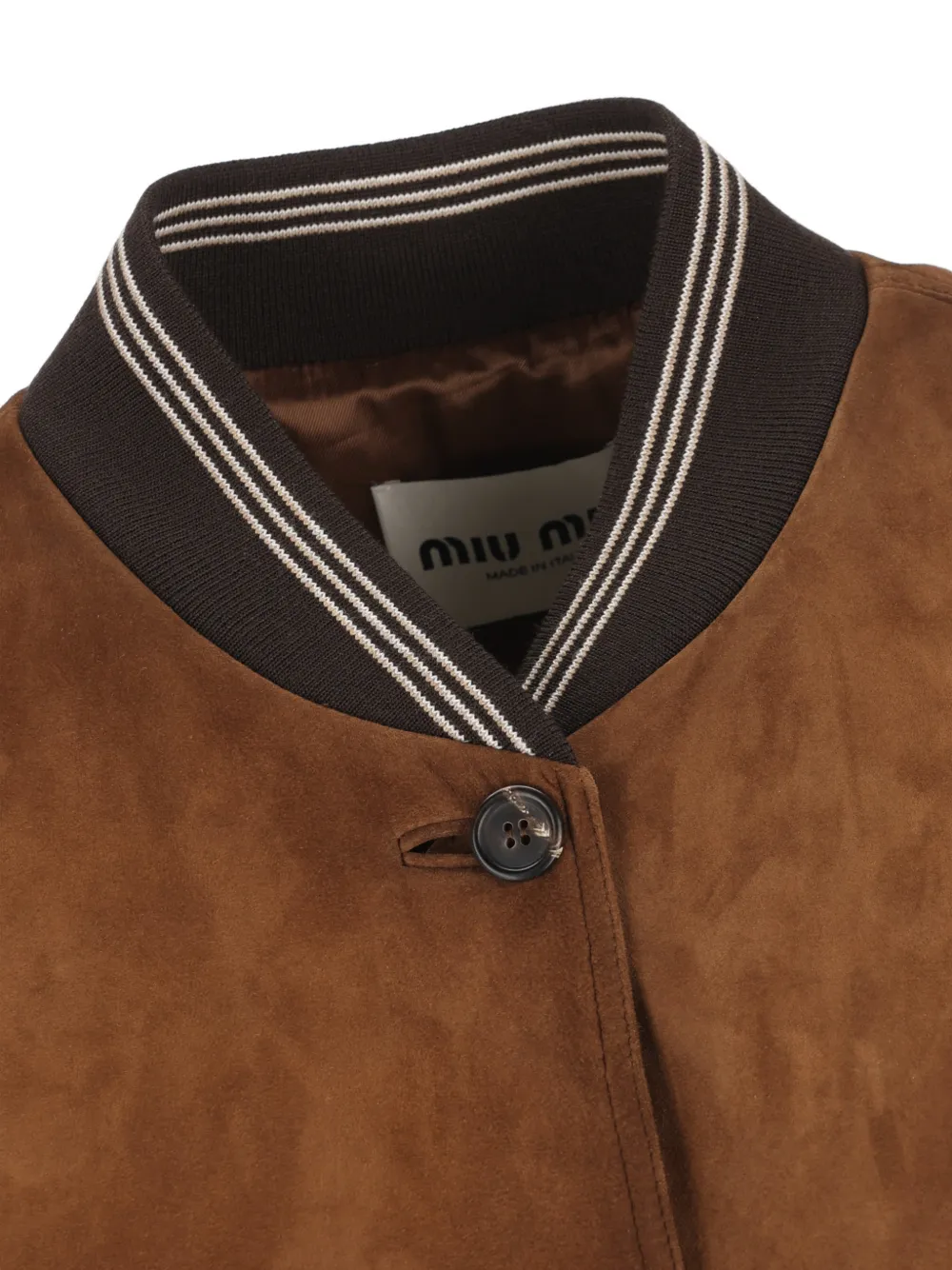 Бомбер из замши с нашивкой-логотипом Miu Miu, коричневый — фото 4