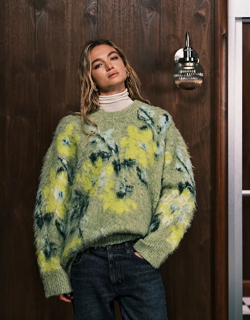 

Джемпер ASOS DESIGN с начесом и цветочным принтом в цвете шалфея