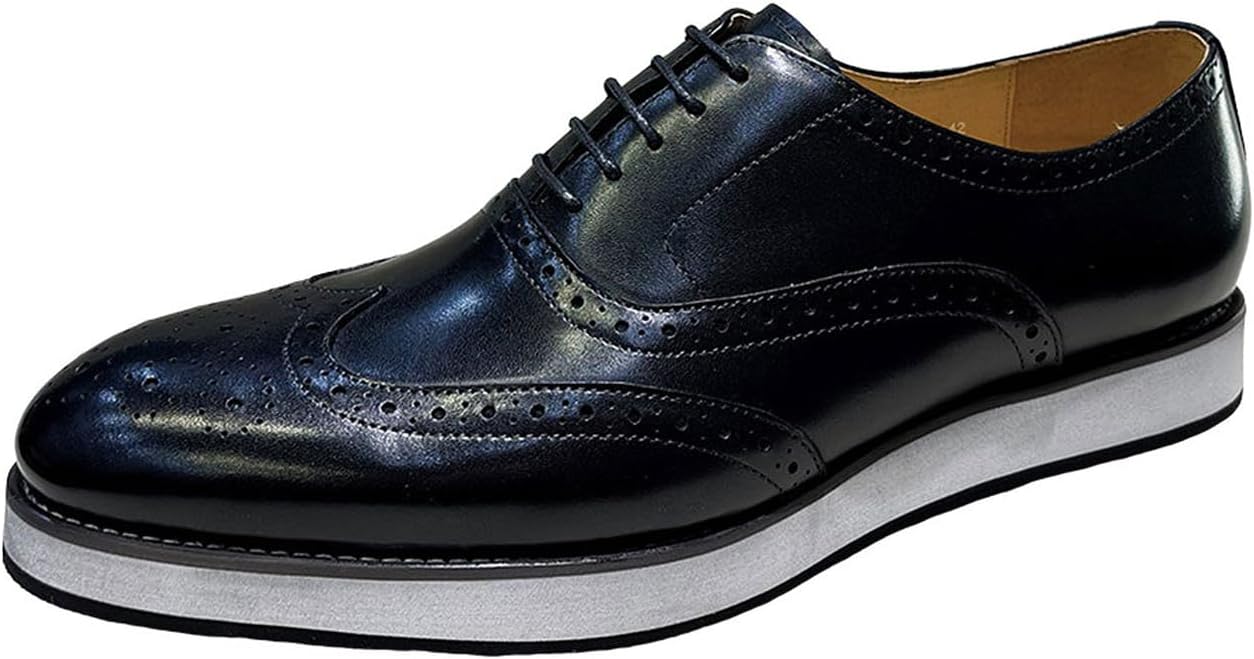 

Мужские туфли-оксфорды Santimon Wingtip - кожаные броги на шнуровке с легкой амортизирующей подошвой и удобной стелькой - для бизнеса, свадьбы, офиса, черный