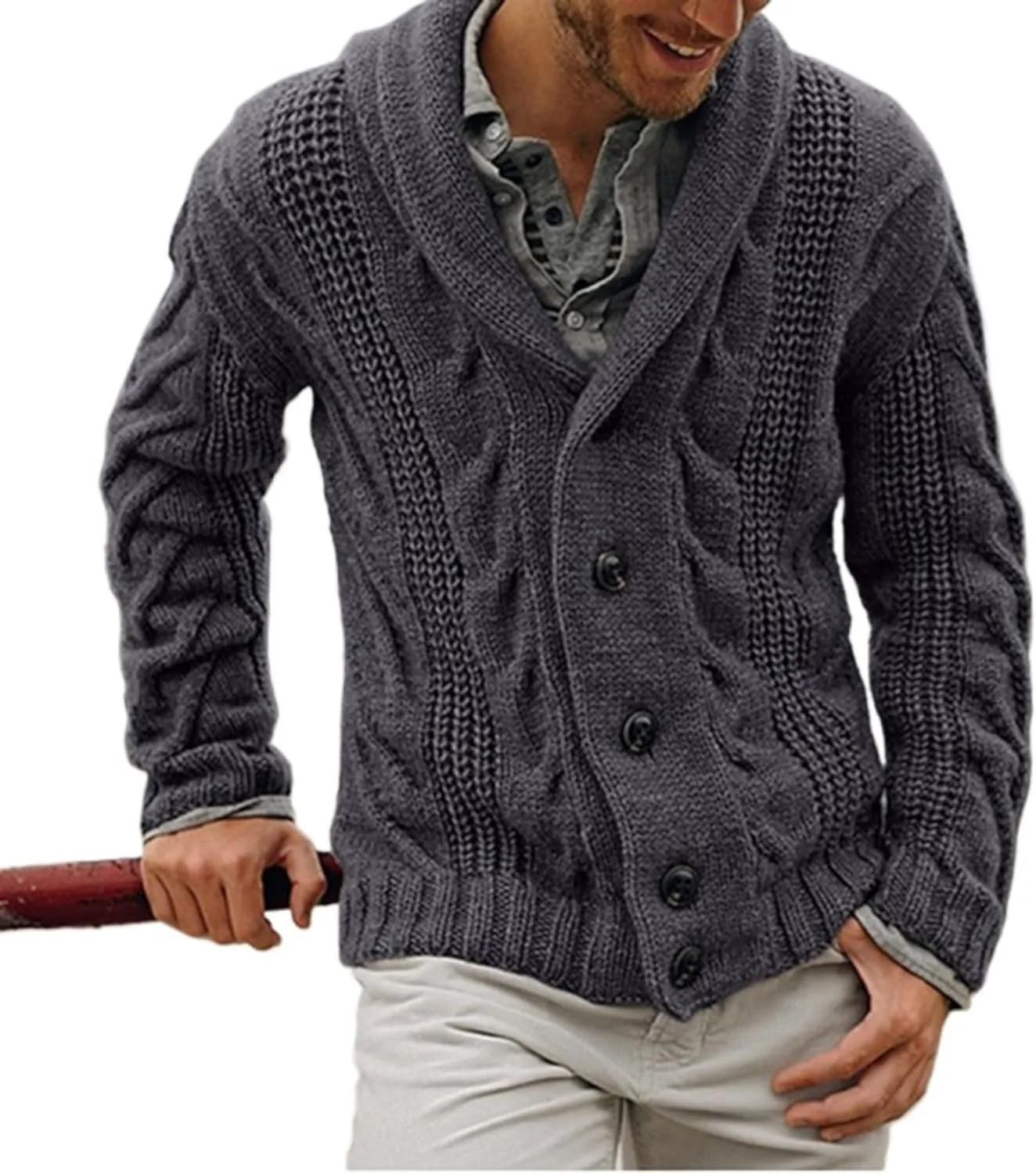 

Мужской кардиган с шалью и кабельной вязкой JEShifangjiusu