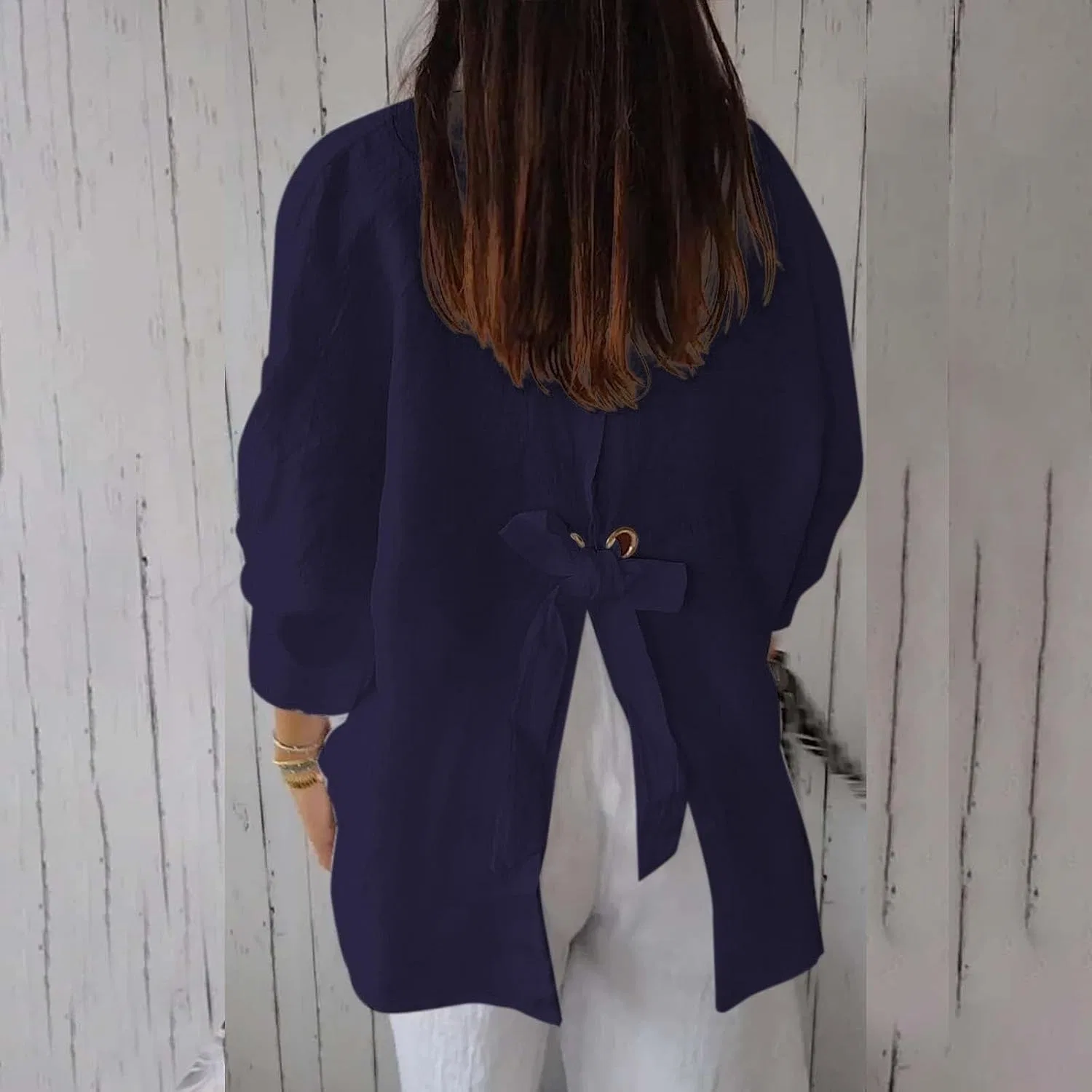 Блуза, хлопок и лен, Women Button Down Shirt, темно-синий — фото 2