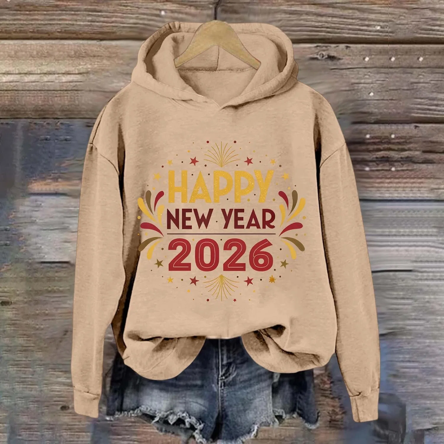 Худи женское оверсайз с принтом Happy New Year 2026, полиэстер, хаки — фото 4