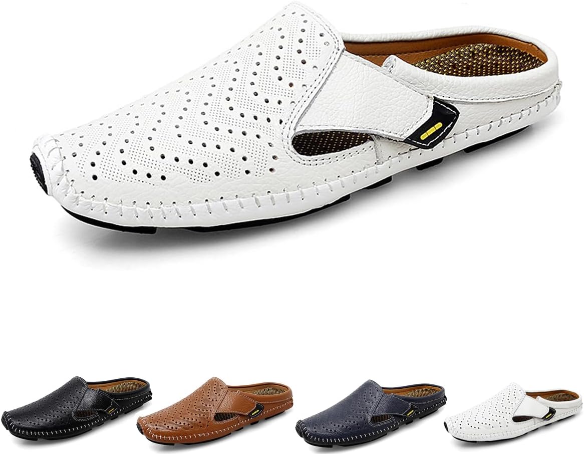 

Мужские кожаные мюли DESESE, удобные сабо, дышащая кожа с перфорацией, обувь на выход без шнурков, нескользящие повседневные лоферы, белый