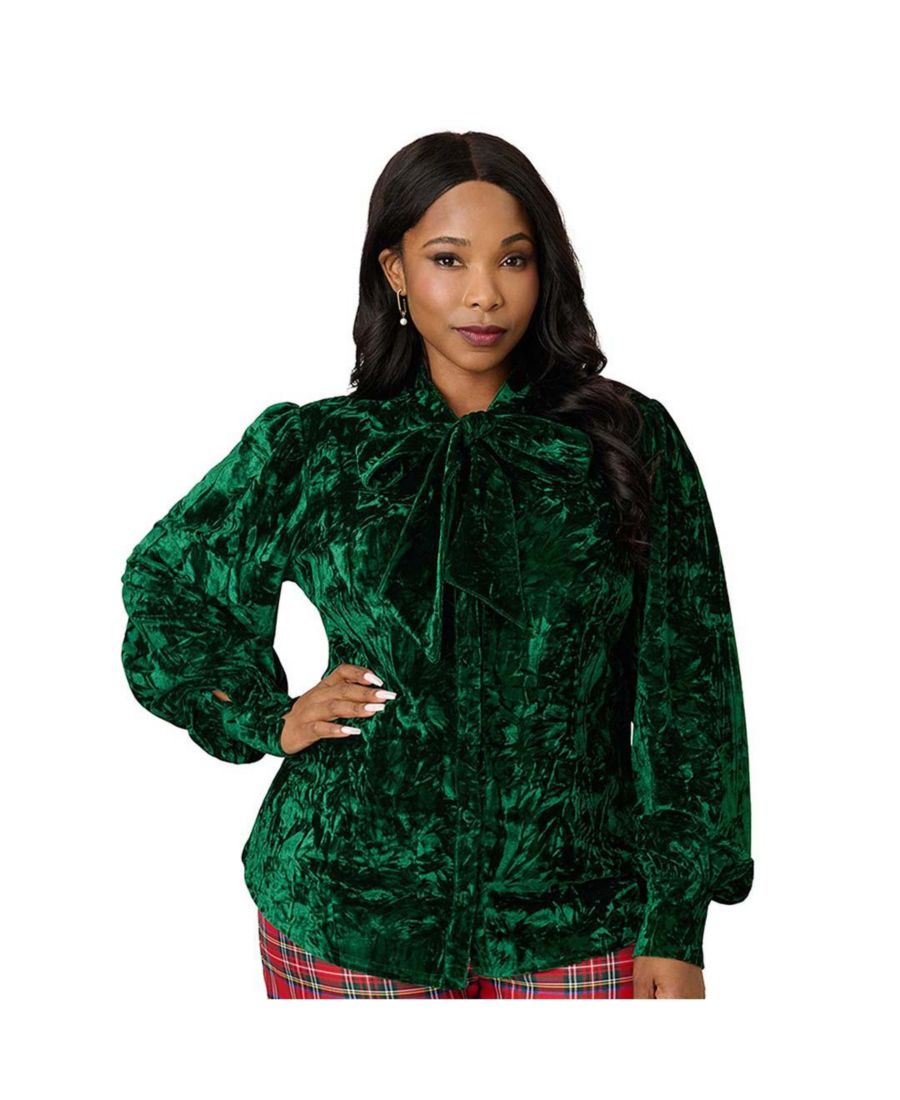 

Блузка Gwen из бархата с длинными рукавами и галстуком-бабочкой, большого размера Unique Vintage, Dark green velvet